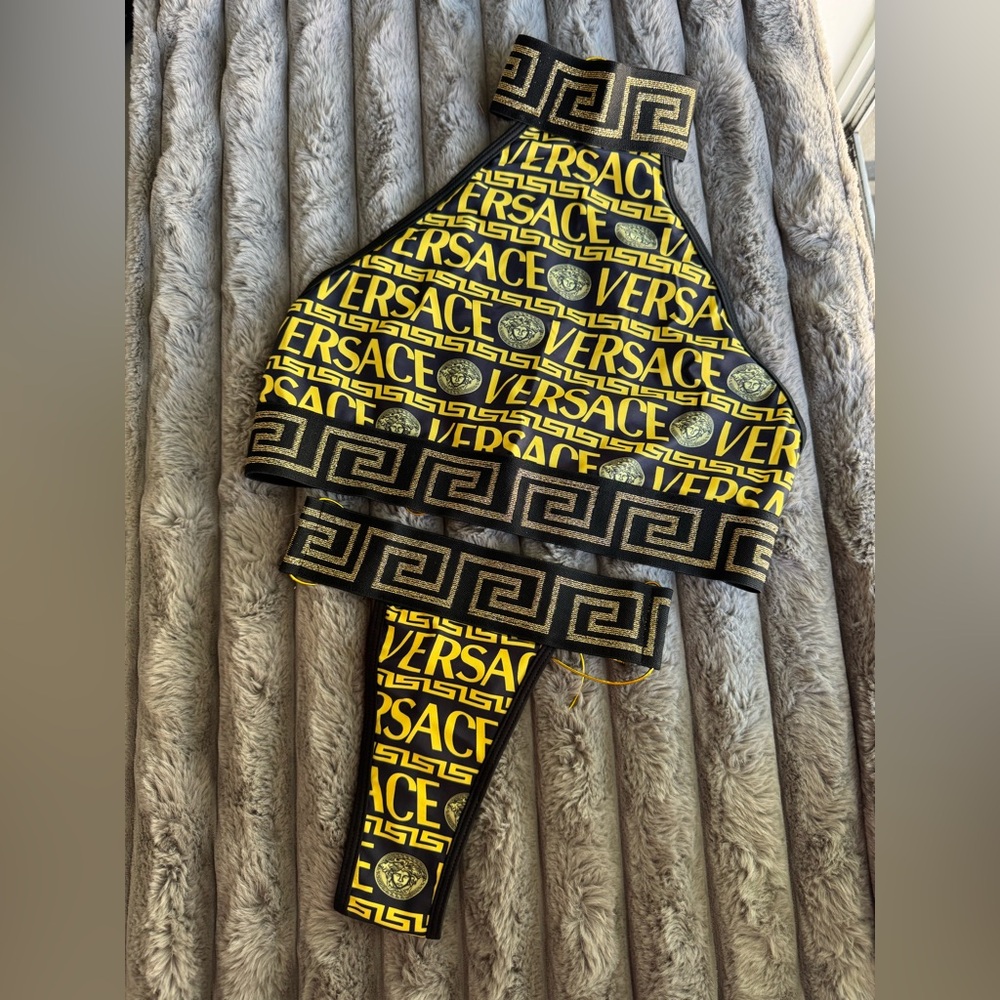 Versace Logo Print Bikini Set Greca Trim Black Yellow Gold‎ Thong Size S